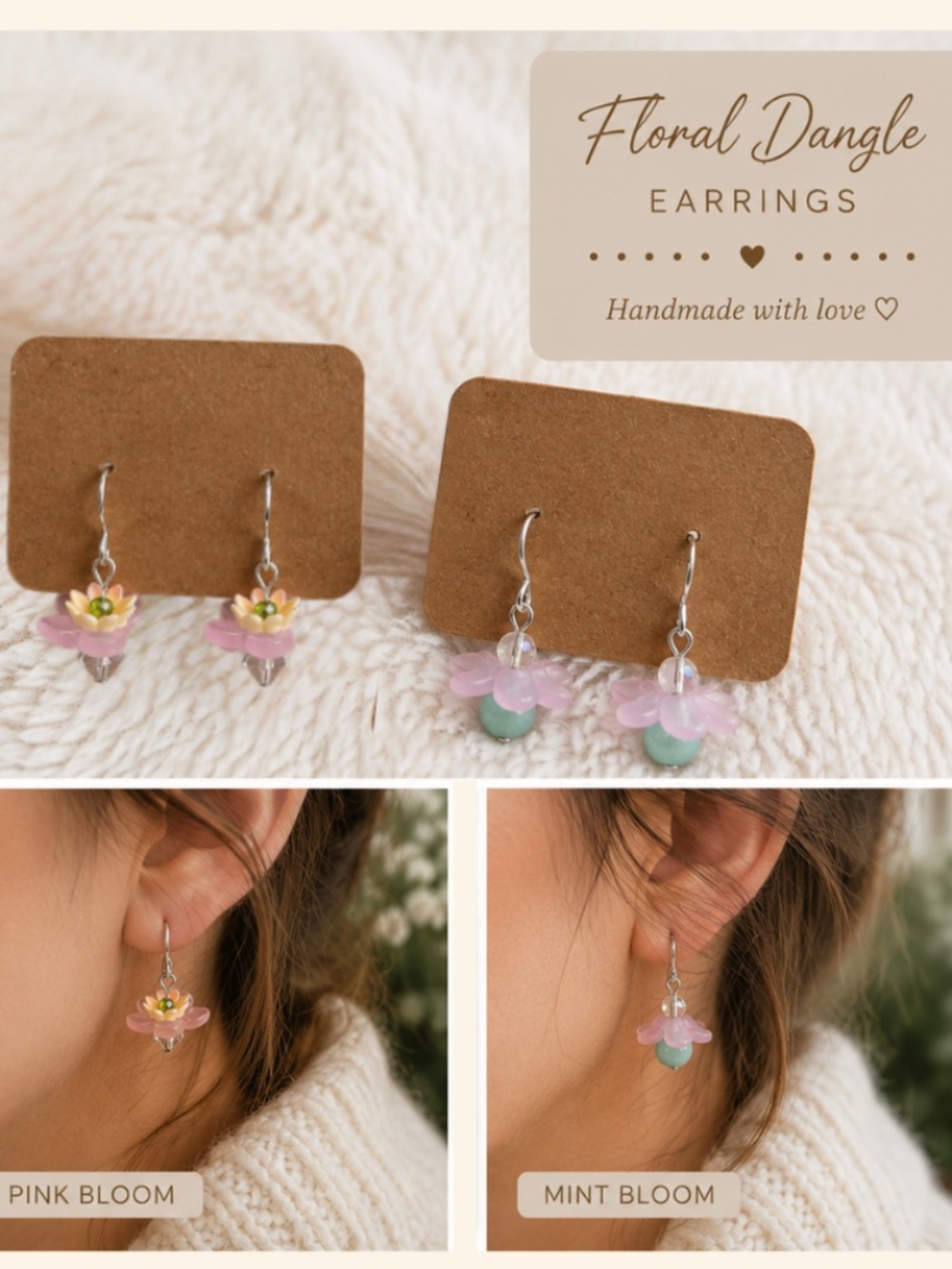 Flower Fairy Dangle Earrings | Pink Blossom & Crystal Bead | Cottagecore